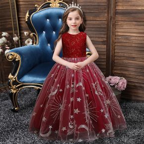 Kid Girl Christmas Floral Pattern Sleeveless Stars Moon Embroidered Bowknot Design Princess Party Mesh Dress